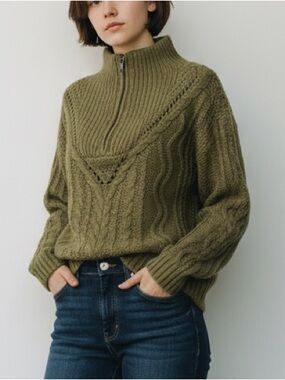 Heartloom Cable Knit Zip Sweater Olive